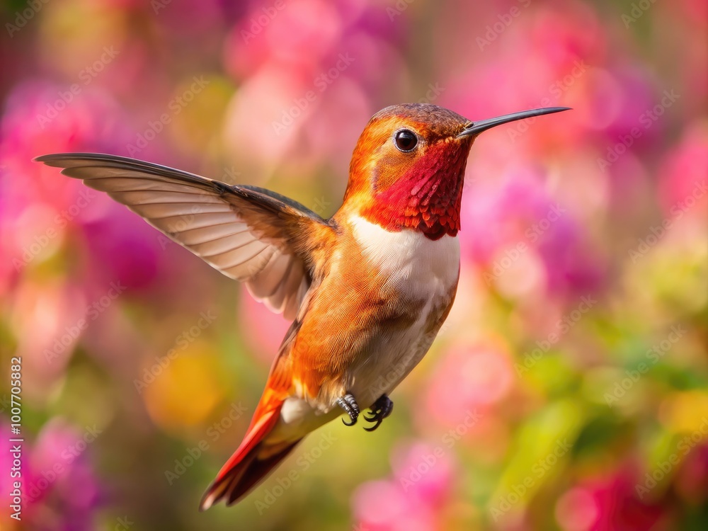 Fototapeta premium Stunning Rufous Hummingbird in Flight with Vibrant Colors and Natural Background in Springtime