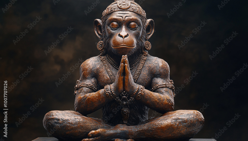 Bronze statue of the god Hanuman in a pose of reverence on an empty background. Suitable for religious and spiritual themes. Bronze statue of the god Hanuman in a pose of reverence on an empty background. Suitable for religious and spiritual themes.
