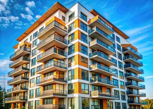 Stylish high-rise residential building in European architectural design, modern urban housing project