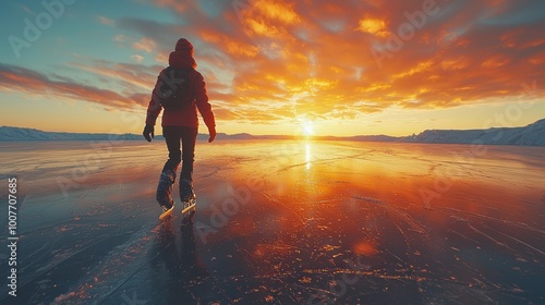 Skater Gliding on Frozen Lake at Sunset