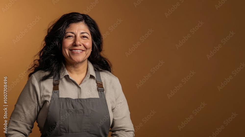 A full-body studio portrait of a friendly Hispanic cleaning woman, radiating warmth with her genuine smile. Set against a solid background, this image captures her professionalism and approachability A full-body studio portrait of a friendly Hispanic cleaning woman, radiating warmth with her genuine smile. Set against a solid background, this image captures her professionalism and approachability