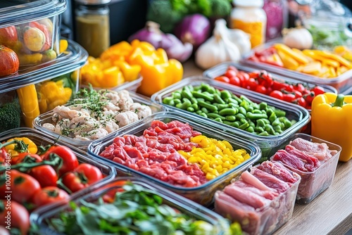 A variety of fresh ingredients are stored in glass containers for meal prepping. photo