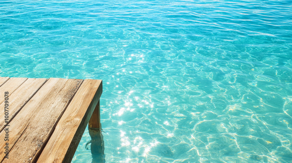 serene wooden dock extends over crystal clear turquoise ocean, with gentle waves reflecting sunlight. tranquil scene evokes sense of peace and relaxation serene wooden dock extends over crystal clear turquoise ocean, with gentle waves reflecting sunlight. tranquil scene evokes sense of peace and relaxation