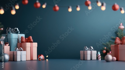 Christmas gifts with decorations on a festive background. photo