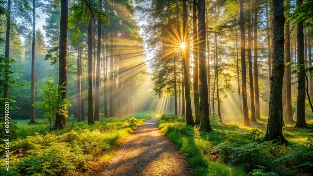 Tranquil Morning Walk Through a Lush Forest Surrounded by Sunlight and Nature's Beauty Tranquil Morning Walk Through a Lush Forest Surrounded by Sunlight and Nature's Beauty