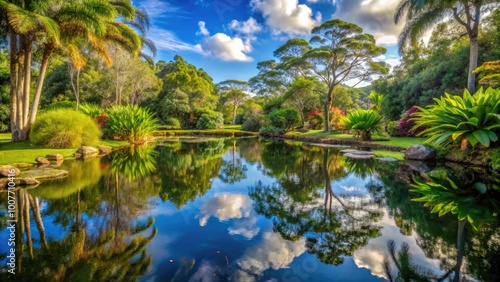 Tranquil Pond Reflections Surrounded by Lush Greenery in Gold Coast Botanical Gardens Landscape