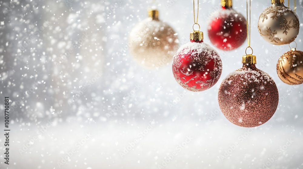 Red and gold Christmas ornaments with snow falling in the background. Red and gold Christmas ornaments with snow falling in the background.