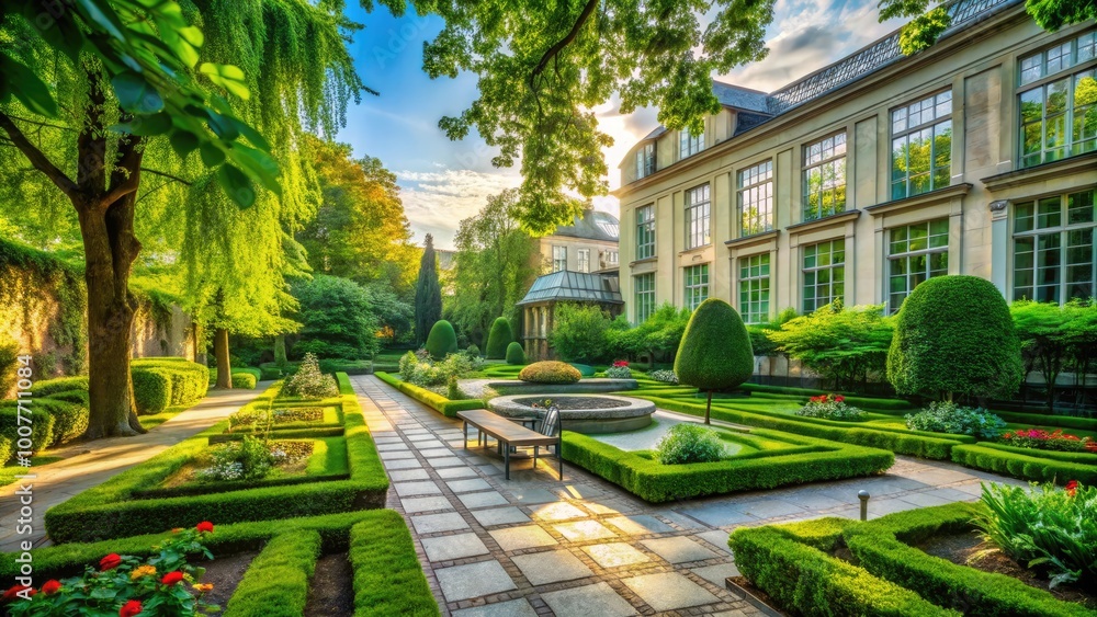 Obraz premium Tranquil Warsaw Library Garden with Lush Greenery and Serene Pathways for Relaxation and Reflection