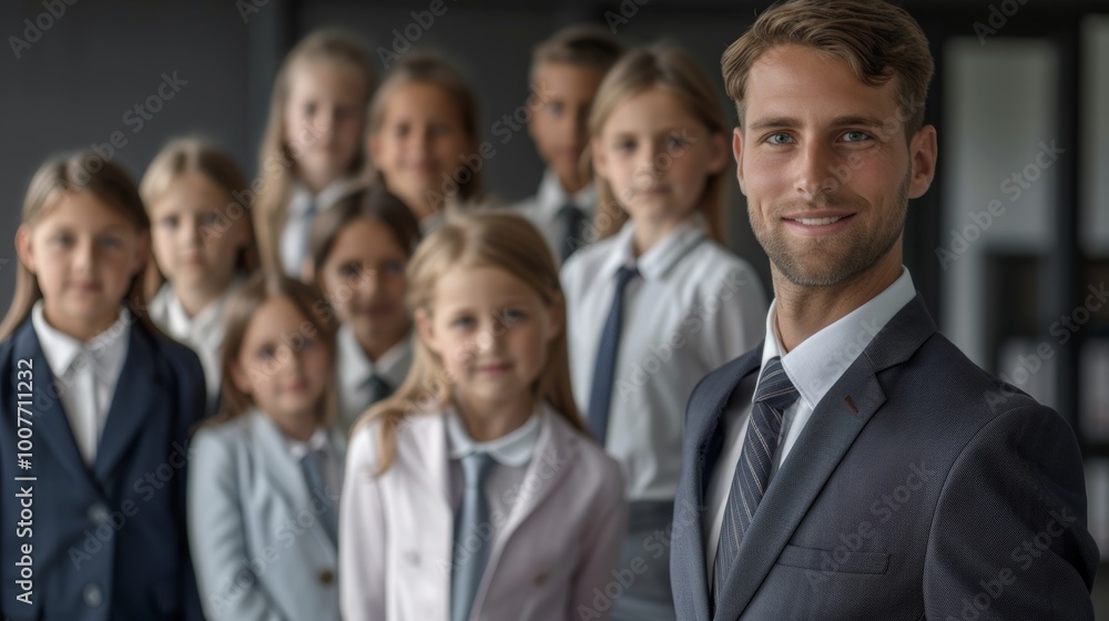 A group of children dressed in business attire standing confidently in an office setting. Their serious expressions and professional appearance emphasize ambition and leadership. A group of children dressed in business attire standing confidently in an office setting. Their serious expressions and professional appearance emphasize ambition and leadership.