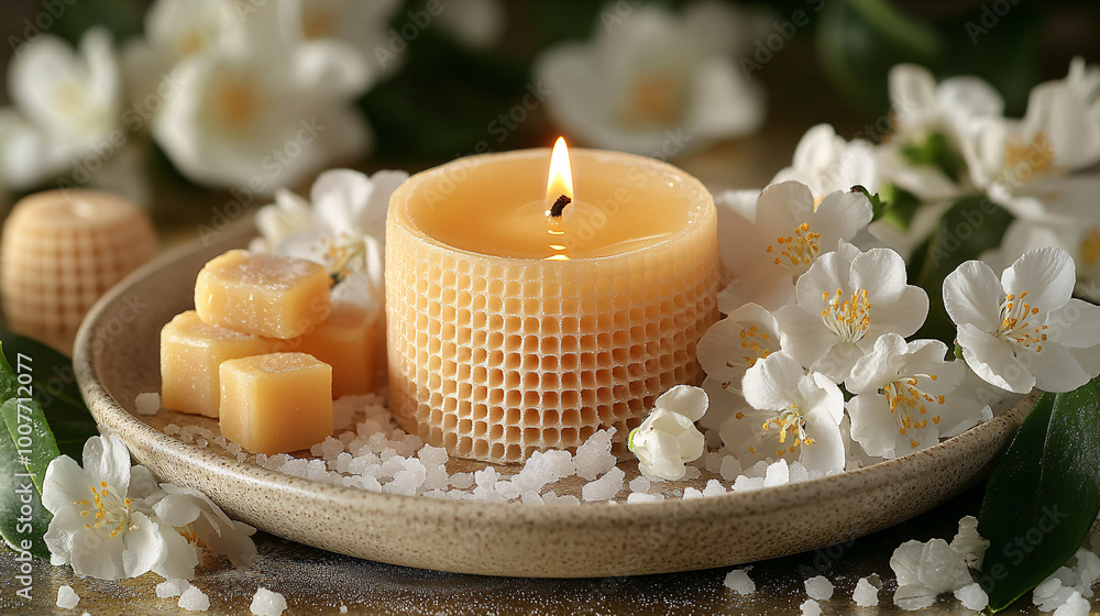 Tranquil spa arrangement with jasmine, honeycomb, and candle on beige plate. Ideal for wellness-themed settings or holiday greetings. Tranquil spa arrangement with jasmine, honeycomb, and candle on beige plate. Ideal for wellness-themed settings or holiday greetings.
