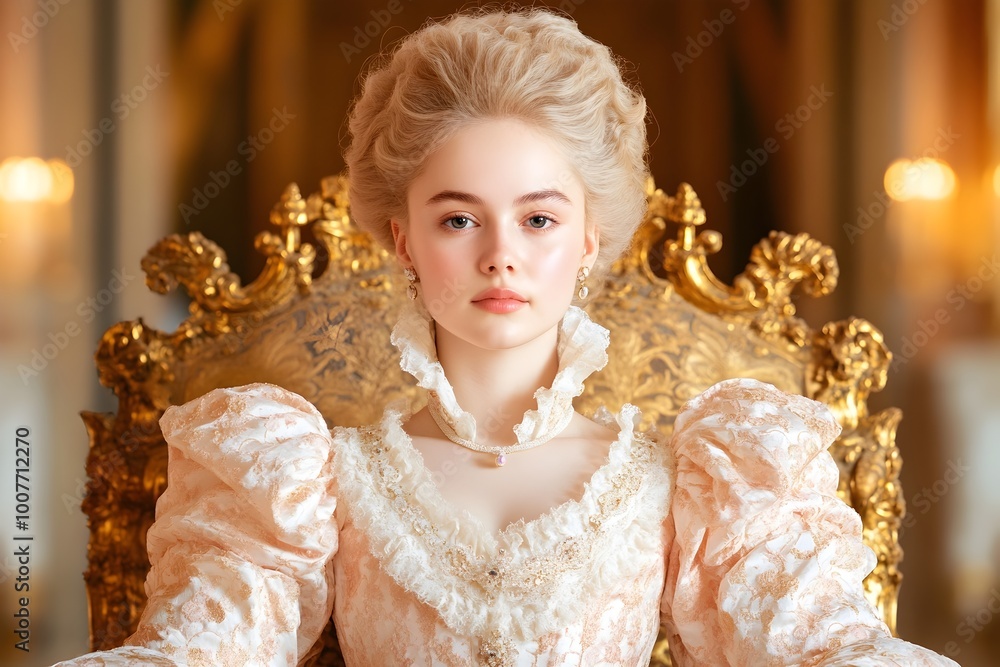 Portrait of a Regal and Aristocratic Woman in Lavish Historical Dress and Ornate Surroundings Portrait of a Regal and Aristocratic Woman in Lavish Historical Dress and Ornate Surroundings