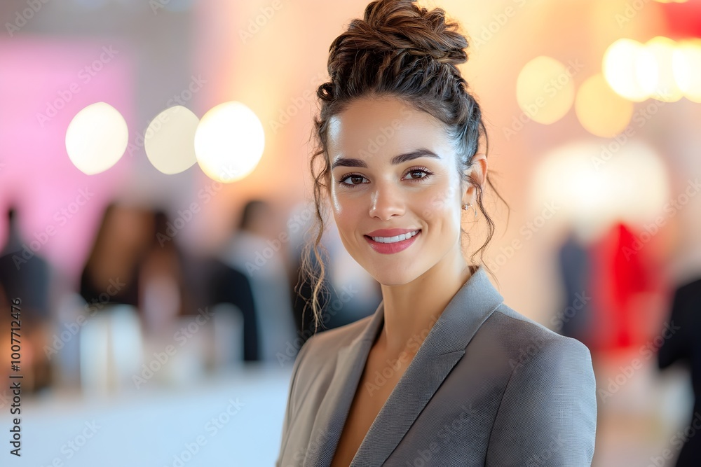 Obraz premium Confident and Successful Young Business Woman Smiling in Professional Office Attire looking camera meeting modern office