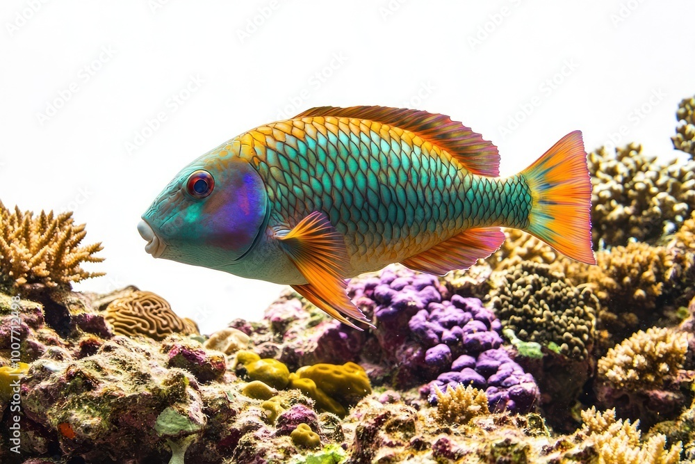 A vibrant, colorful parrotfish swims over a bed of coral. A vibrant, colorful parrotfish swims over a bed of coral.