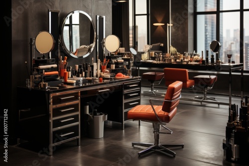 Opulent cosmetics salon featuring a chic vanity table with makeup tools, sprays, and candles