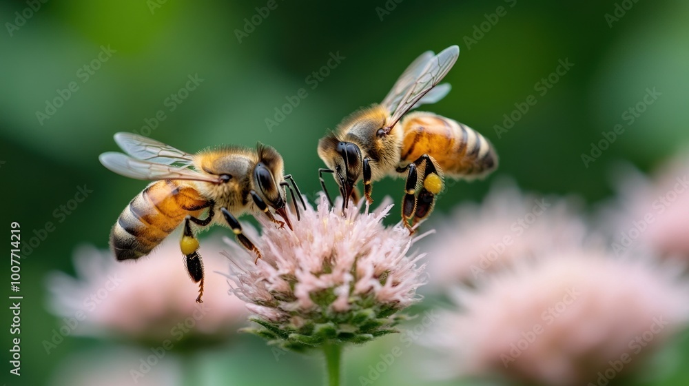 Bees collecting nectar from a pink flower on a sunny day Bees collecting nectar from a pink flower on a sunny day