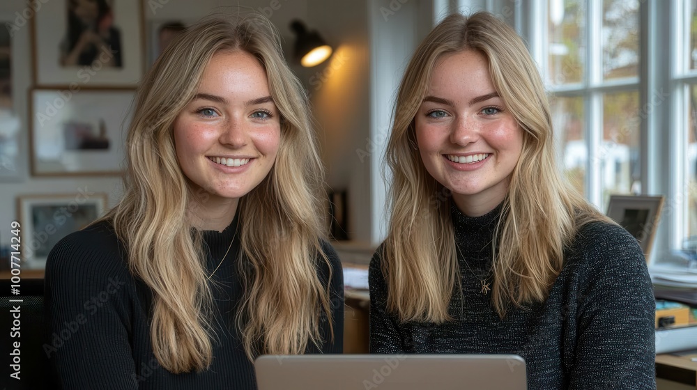 Smiling Young Women Working Together in Office Setting Smiling Young Women Working Together in Office Setting