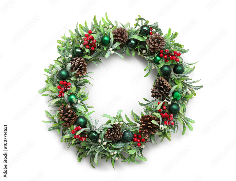Christmas wreath with beautiful decorations isolated on white background Christmas wreath with beautiful decorations isolated on white background