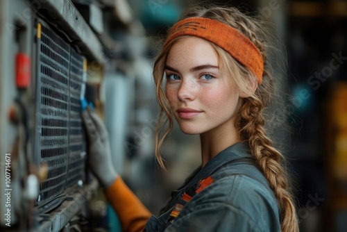 young female mechanic outdoors energetically repairing an air conditioner under sunlight showcasing empowerment and skill in a handson environment filled with tools and machinery