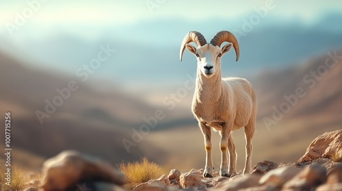 A majestic ram standing on rocky terrain with a blurred mountain background. photo