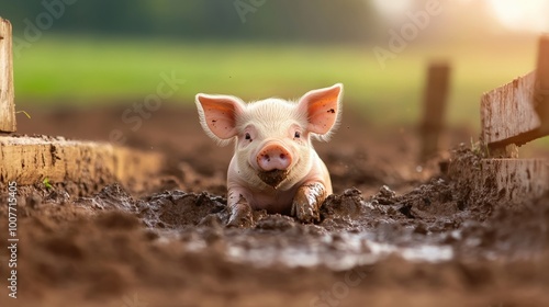 A playful pig running through a muddy field with sunlight in the background.