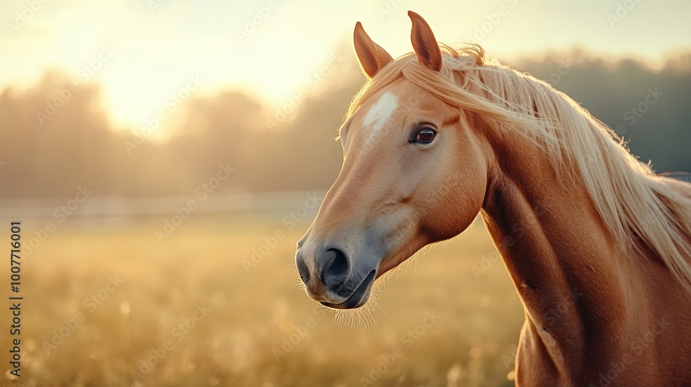 Obraz premium Beautiful horse portrait with golden mane in a sunlit field.