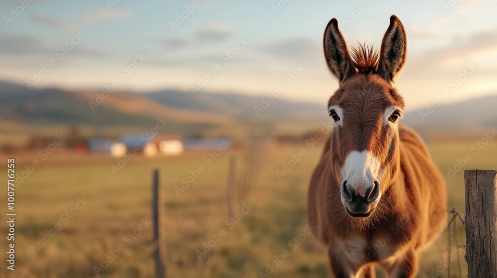 A close-up of a brown horse in a field during sunset, with mountains in the background. A close-up of a brown horse in a field during sunset, with mountains in the background.