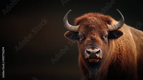 A close-up of a majestic bull with prominent horns and a serious expression. photo