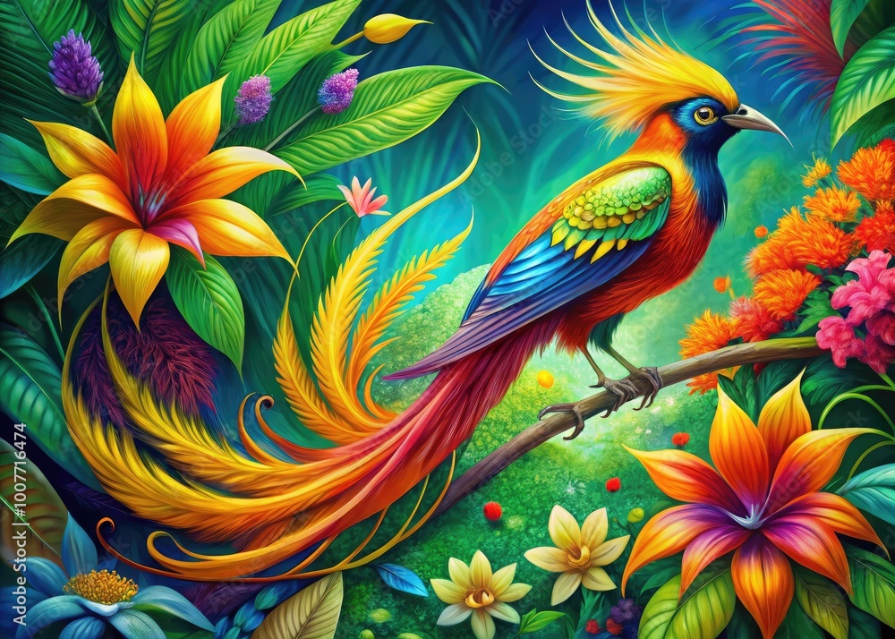 Fototapeta premium Vibrant Bird of Paradise Illustration Showcasing Exotic Colors and Unique Floral Design Elements