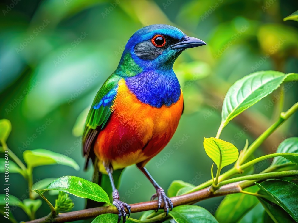 Vibrant bird perched in lush green foliage, symbolizing opportunity and nature's beauty around us Vibrant bird perched in lush green foliage, symbolizing opportunity and nature's beauty around us