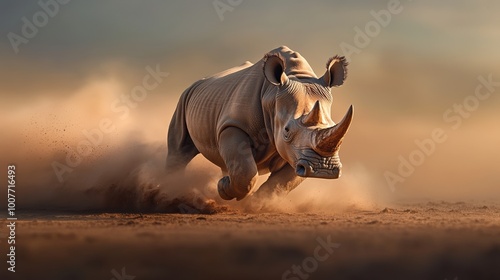 A dynamic rhinoceros charging across a dusty landscape with motion and energy.