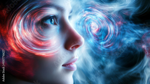 Close-up of a person concentrating, telepathic communication symbols and thought patterns swirling around them