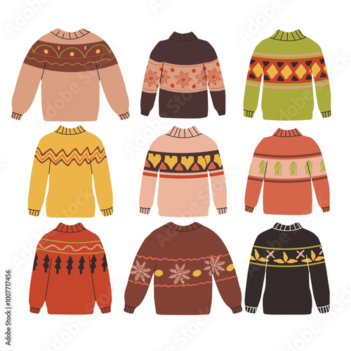 Sweaters set  isolated on white in flat stile. Warm clothes set. Vector illustration