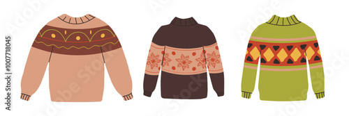 Sweaters set  isolated on white in flat stile. Warm clothes set. Vector illustration