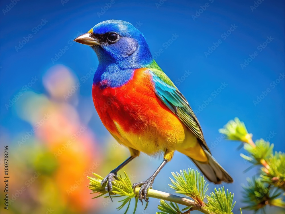Vibrant California Bird Perched on a Branch Against a Bright Blue Sky in Natural Habitat Setting Vibrant California Bird Perched on a Branch Against a Bright Blue Sky in Natural Habitat Setting