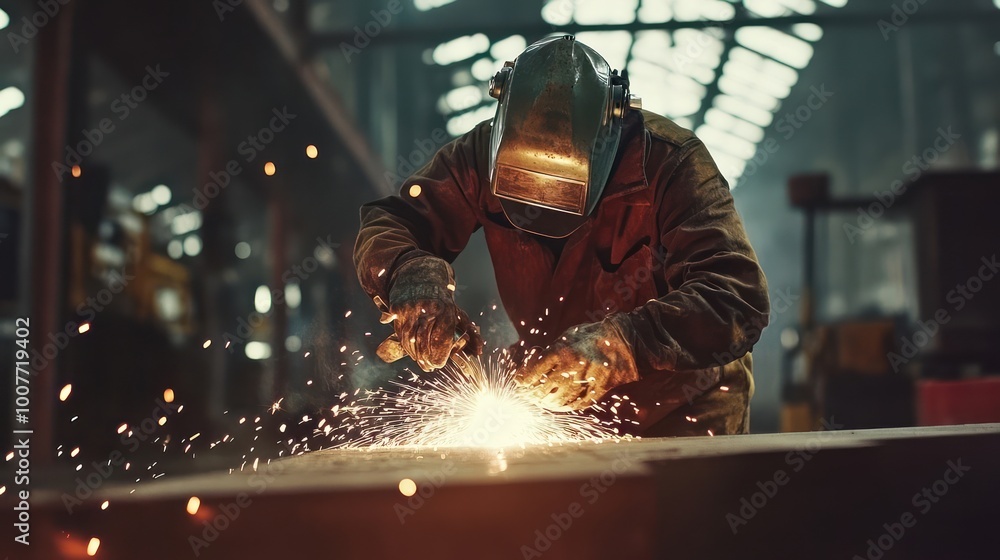 A welder wearing protective gear works on a metal surface, sparks flying as he welds. A welder wearing protective gear works on a metal surface, sparks flying as he welds.