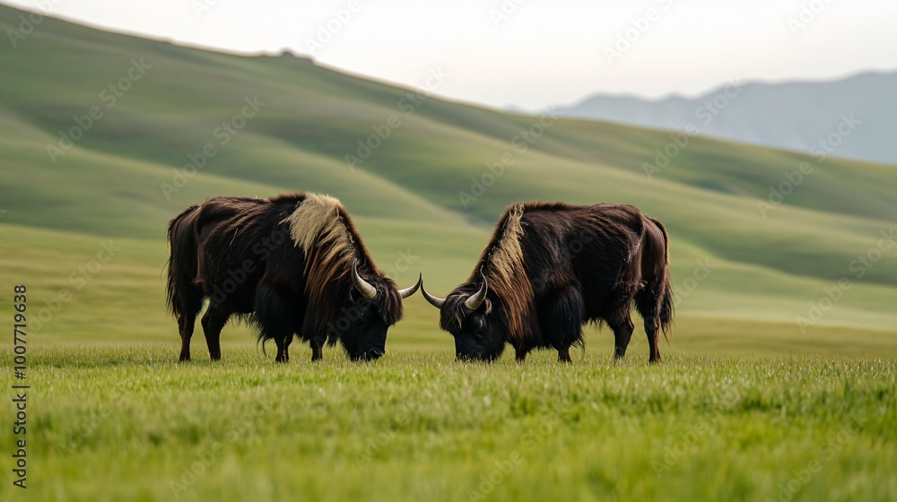Fototapeta premium Two Black Yaks Grazing in a Green Meadow