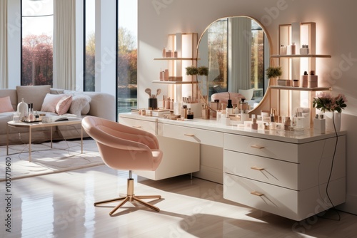 Luxurious cosmetics salon  elegant vanity table with makeup tools, refreshing sprays, and candles