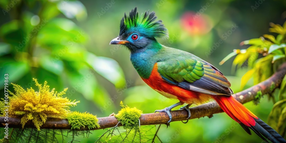 Vibrant Crested Bird Perched Gracefully on a Branch Amidst Lush Green Foliage in Natural Habitat Vibrant Crested Bird Perched Gracefully on a Branch Amidst Lush Green Foliage in Natural Habitat