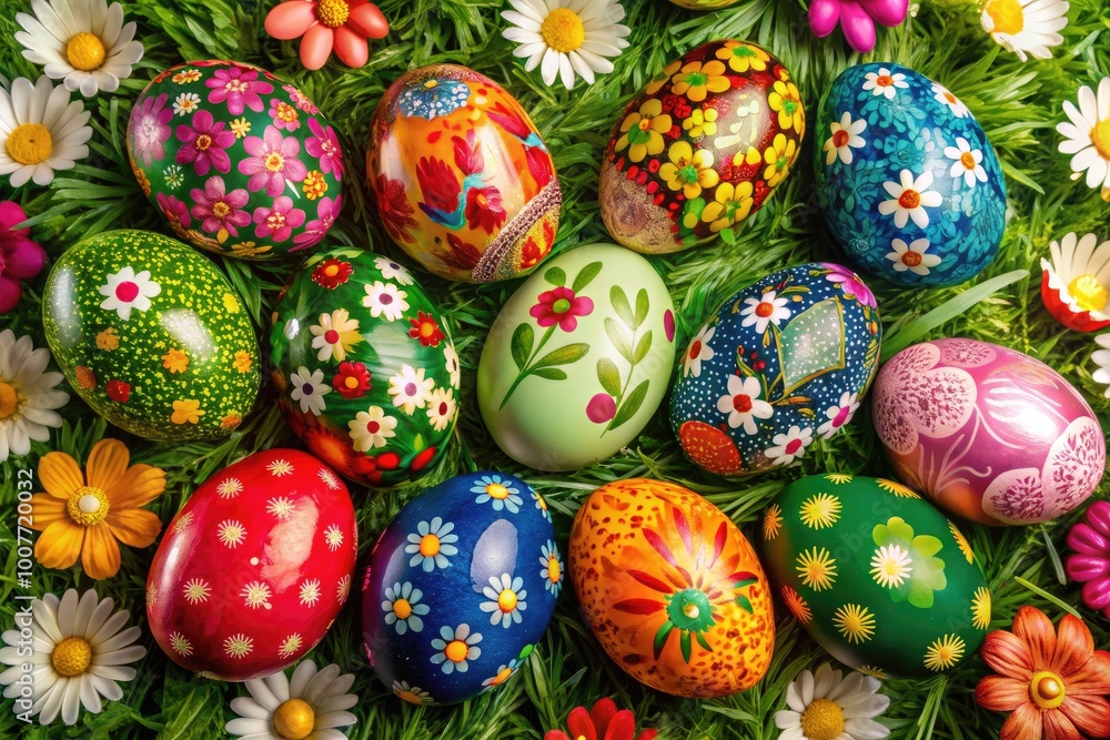 Vibrant Easter Eggs Adorned with Floral Designs Nestled in Lush Green Grass for Spring Celebration Vibrant Easter Eggs Adorned with Floral Designs Nestled in Lush Green Grass for Spring Celebration