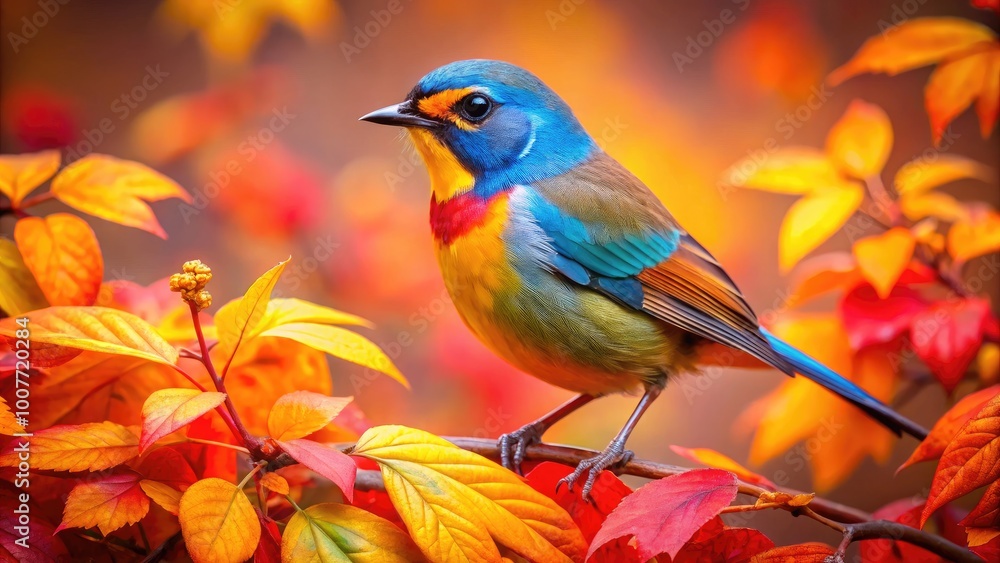 Obraz premium Vibrant Fall Bird Perched Amidst Colorful Autumn Leaves in a Serene Natural Setting