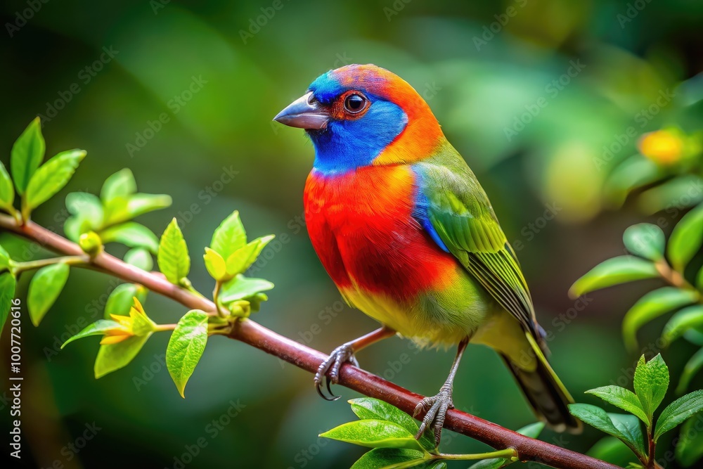 Vibrant Finch Bird Perched on a Branch Surrounded by Lush Green Foliage in Natural Habitat Vibrant Finch Bird Perched on a Branch Surrounded by Lush Green Foliage in Natural Habitat