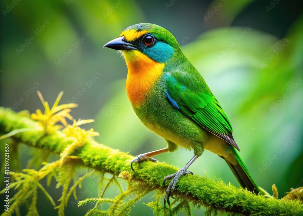 Obraz premium Vibrant Green and Yellow Bird Perched Gracefully on a Branch in a Lush Natural Environment