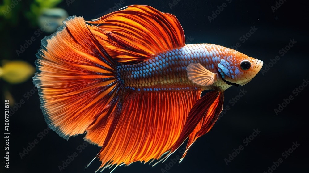 A Betta fish flaring its fins in a moment of territorial display, its fiery red colors glowing against the black backdrop of the aquarium. A Betta fish flaring its fins in a moment of territorial display, its fiery red colors glowing against the black backdrop of the aquarium.