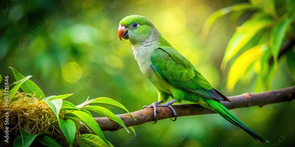 Vibrant Green Quaker Parrot Perched on a Branch in Natural Habitat with Lush Greenery Surrounding It Vibrant Green Quaker Parrot Perched on a Branch in Natural Habitat with Lush Greenery Surrounding It