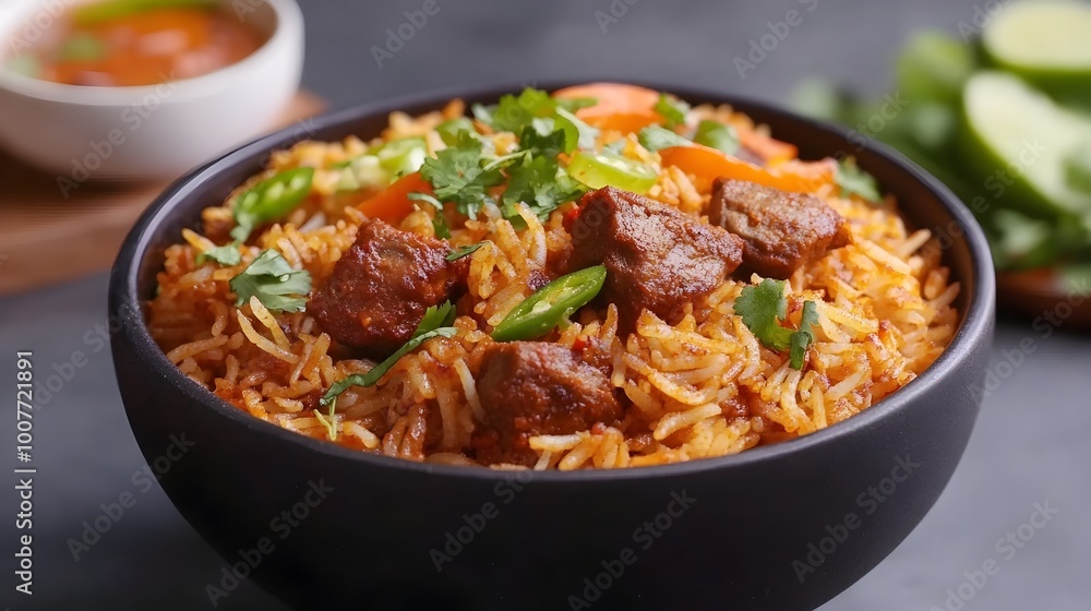 Flavorful Hyderabadi Biryani Dish with Tender Meat and Aromatic Spices Flavorful Hyderabadi Biryani Dish with Tender Meat and Aromatic Spices