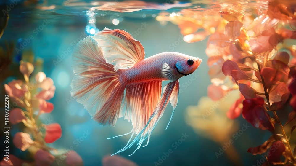A Betta fish swimming slowly in a brightly lit aquarium with colorful plants, the combination of nature and aquatic beauty making for a vibrant composition. A Betta fish swimming slowly in a brightly lit aquarium with colorful plants, the combination of nature and aquatic beauty making for a vibrant composition.