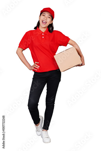 Smiling asian delivery: courier woman holding boxed package isolated transparent