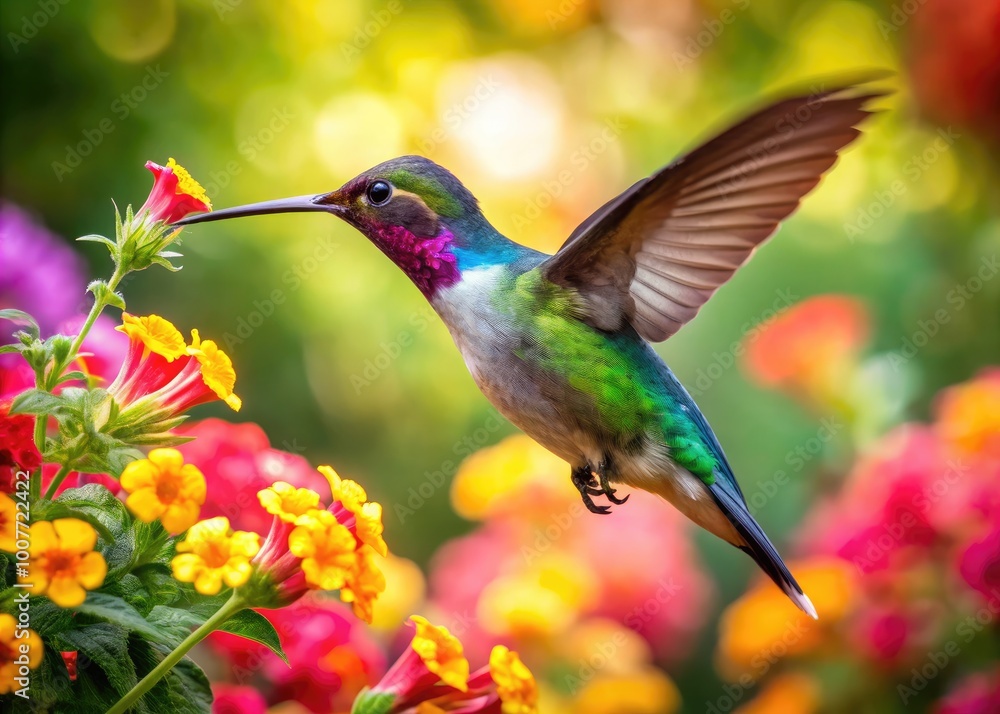 Vibrant Hummingbird Feeding on Colorful Flowers in a Lush Garden During the Month of May Vibrant Hummingbird Feeding on Colorful Flowers in a Lush Garden During the Month of May