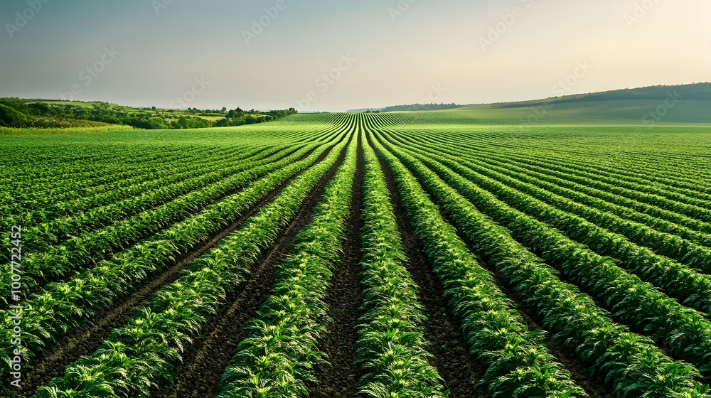 Lush Green Rows of Crops in a Rolling Field Lush Green Rows of Crops in a Rolling Field