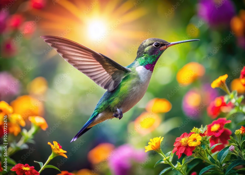 Fototapeta premium Vibrant Hummingbird Hovering Near Colorful Flowers in a Lush Garden Setting Under Bright Sunlight
